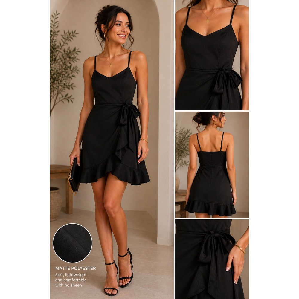 Black Ruffle Wrap Mini Dress Sleeveless Cocktail Party Wedding Guest Sz L